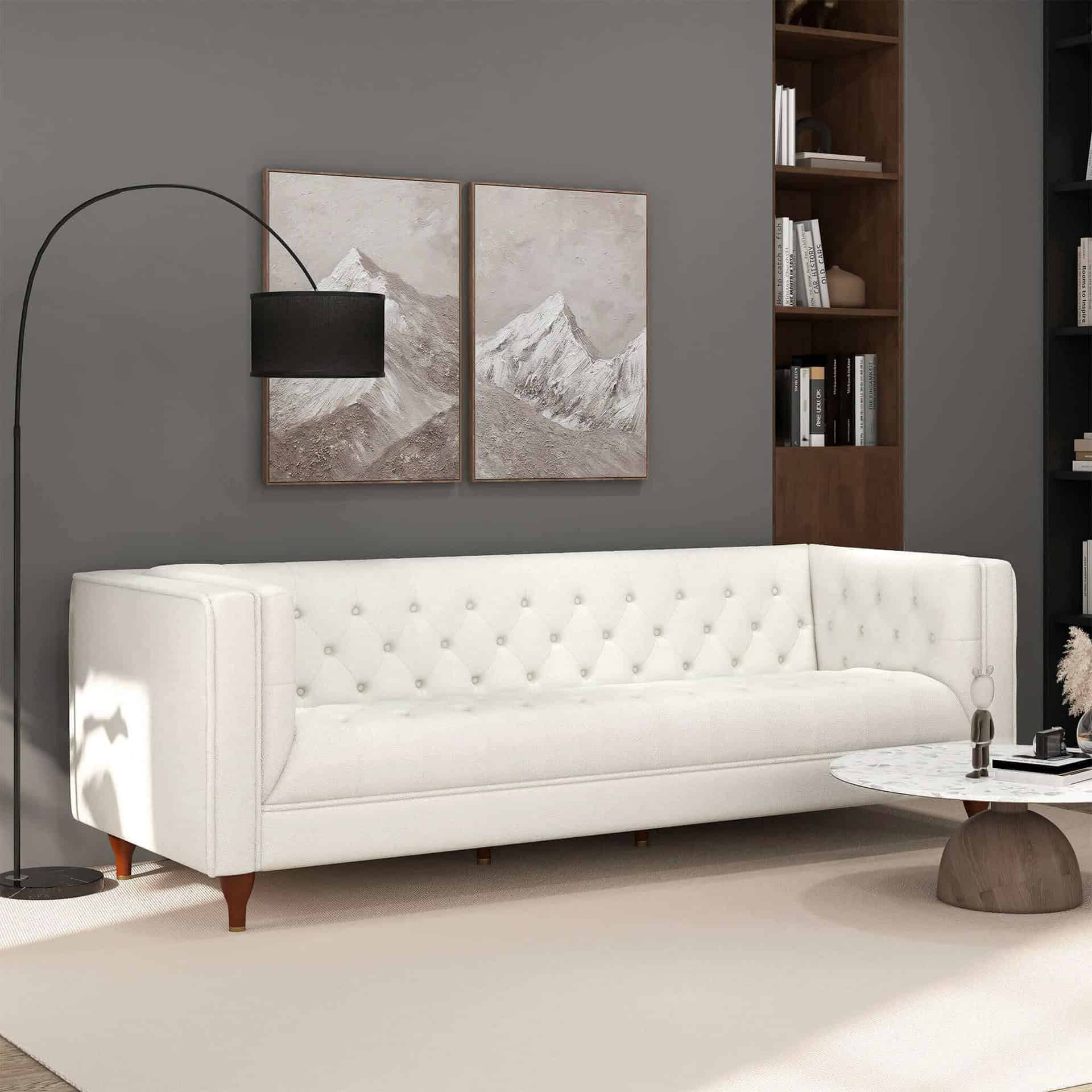 White Boucle Tufted Luxury Chesterfield Sofa with Solid Wood Legs