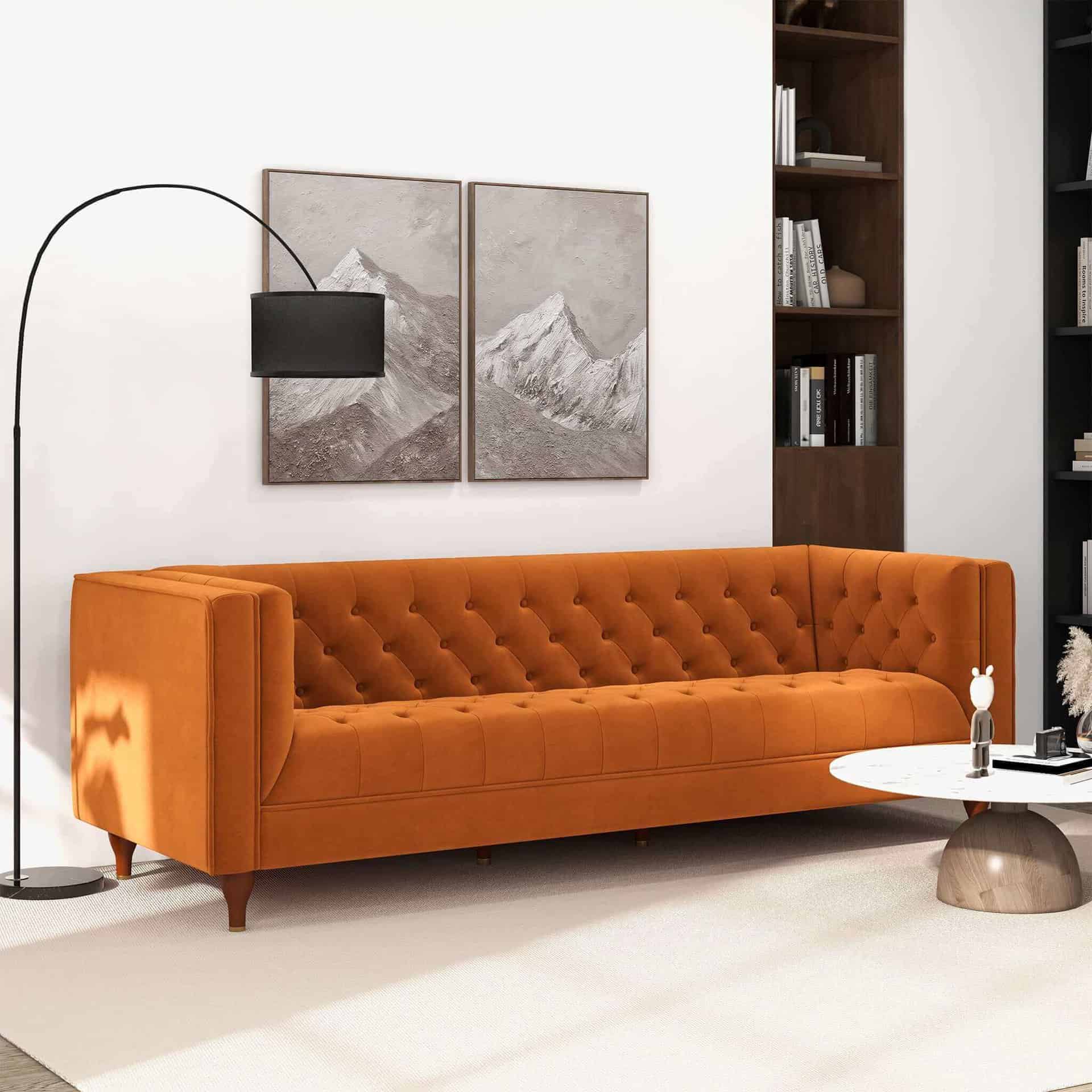 Orange Velvet Tufted Chesterfield Sofa with Solid Wood Legs