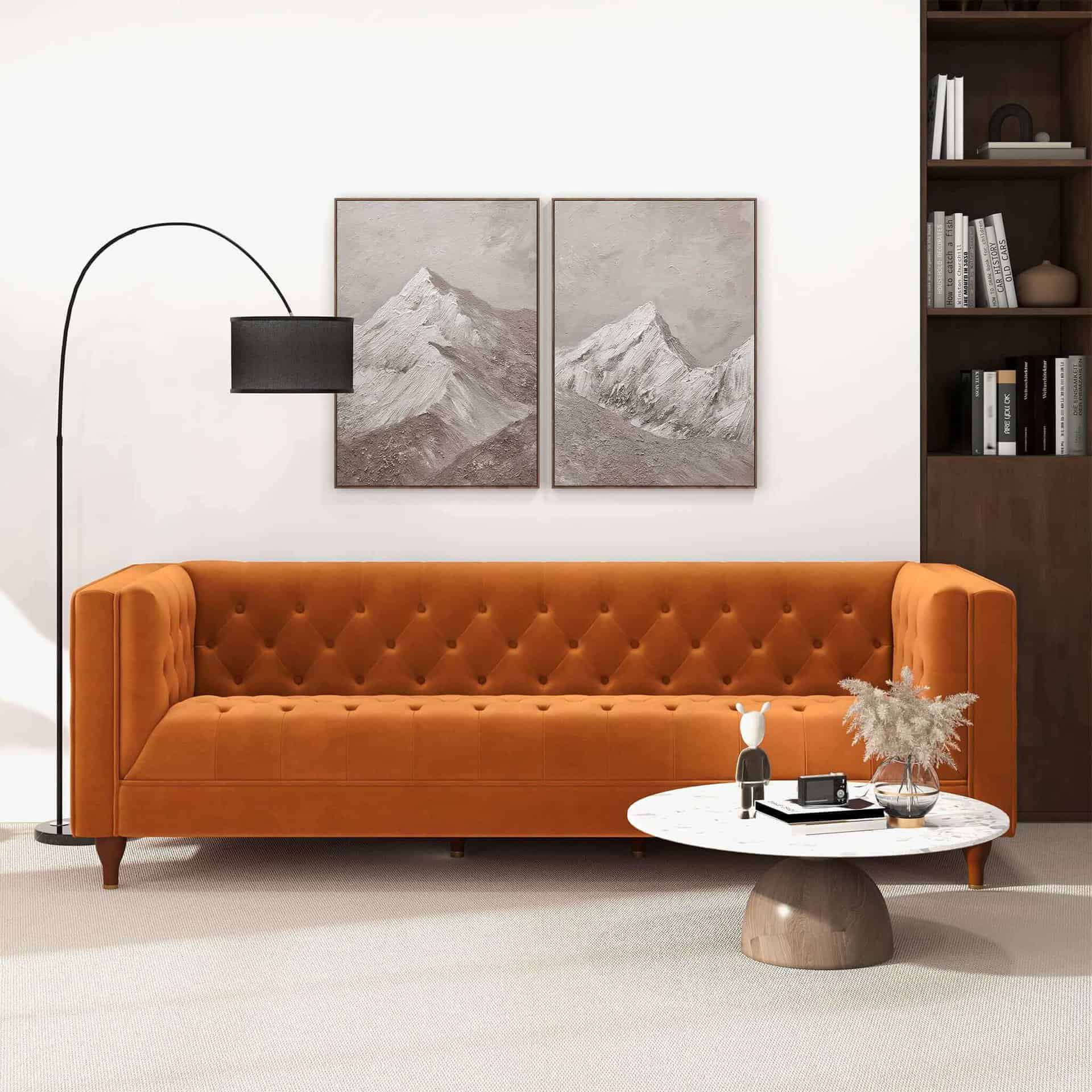Orange Velvet Tufted Chesterfield Sofa with Solid Wood Legs