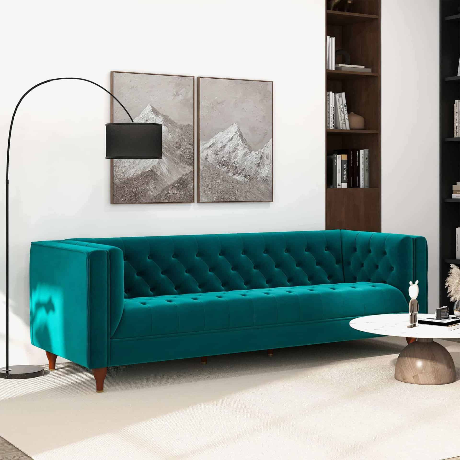 Teal Velvet Tufted Chesterfield Sofa with Solid Wood Legs