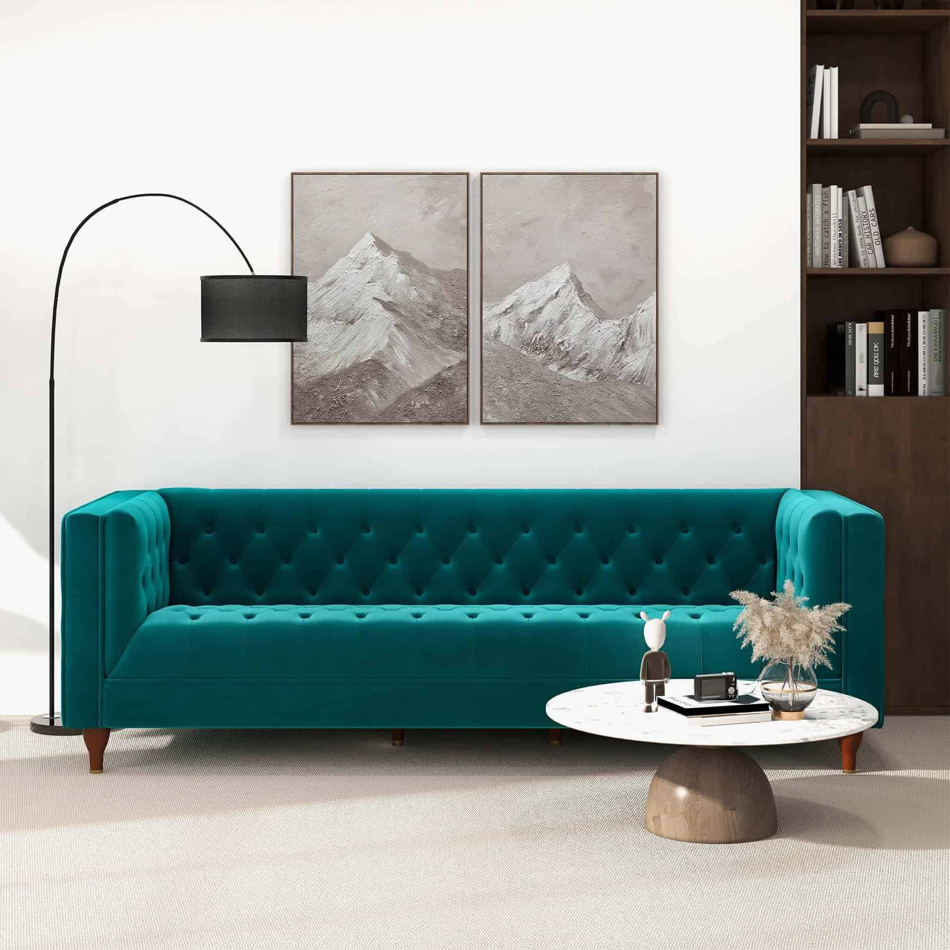 Teal Velvet Tufted Chesterfield Sofa with Solid Wood Legs