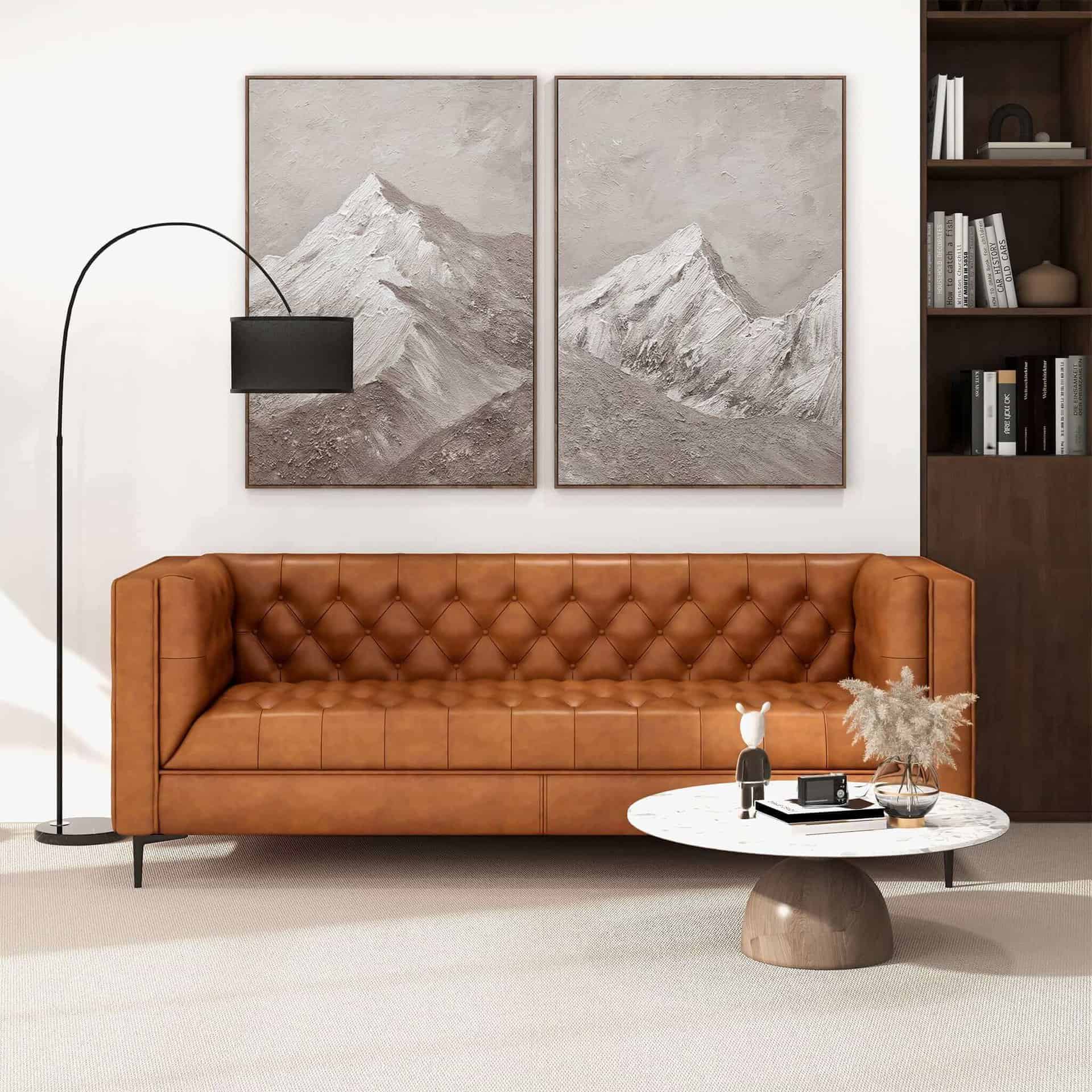 Cognac Leather Tufted Chesterfield Sofa with Solid Wood Legs