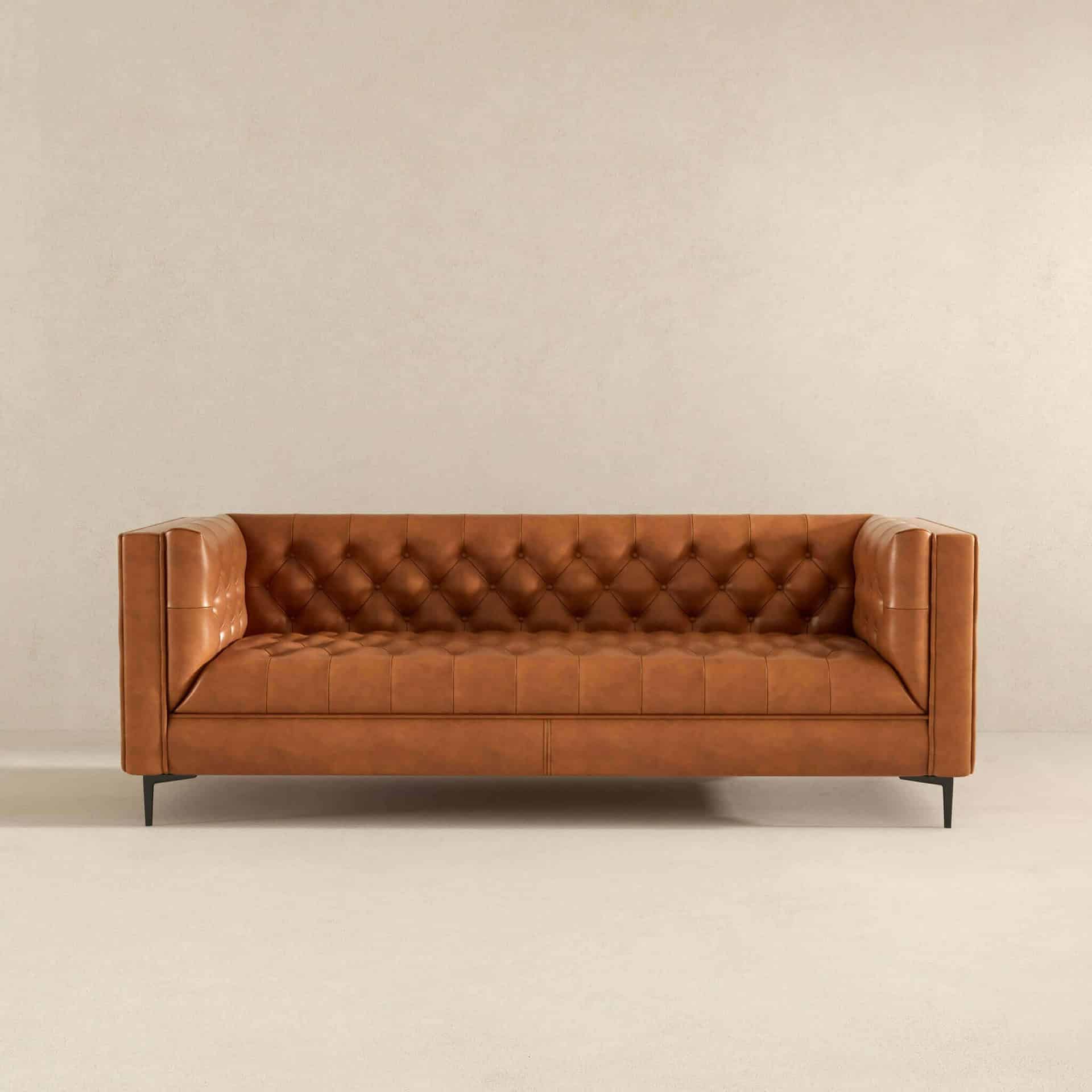 Cognac Leather Tufted Chesterfield Sofa with Solid Wood Legs