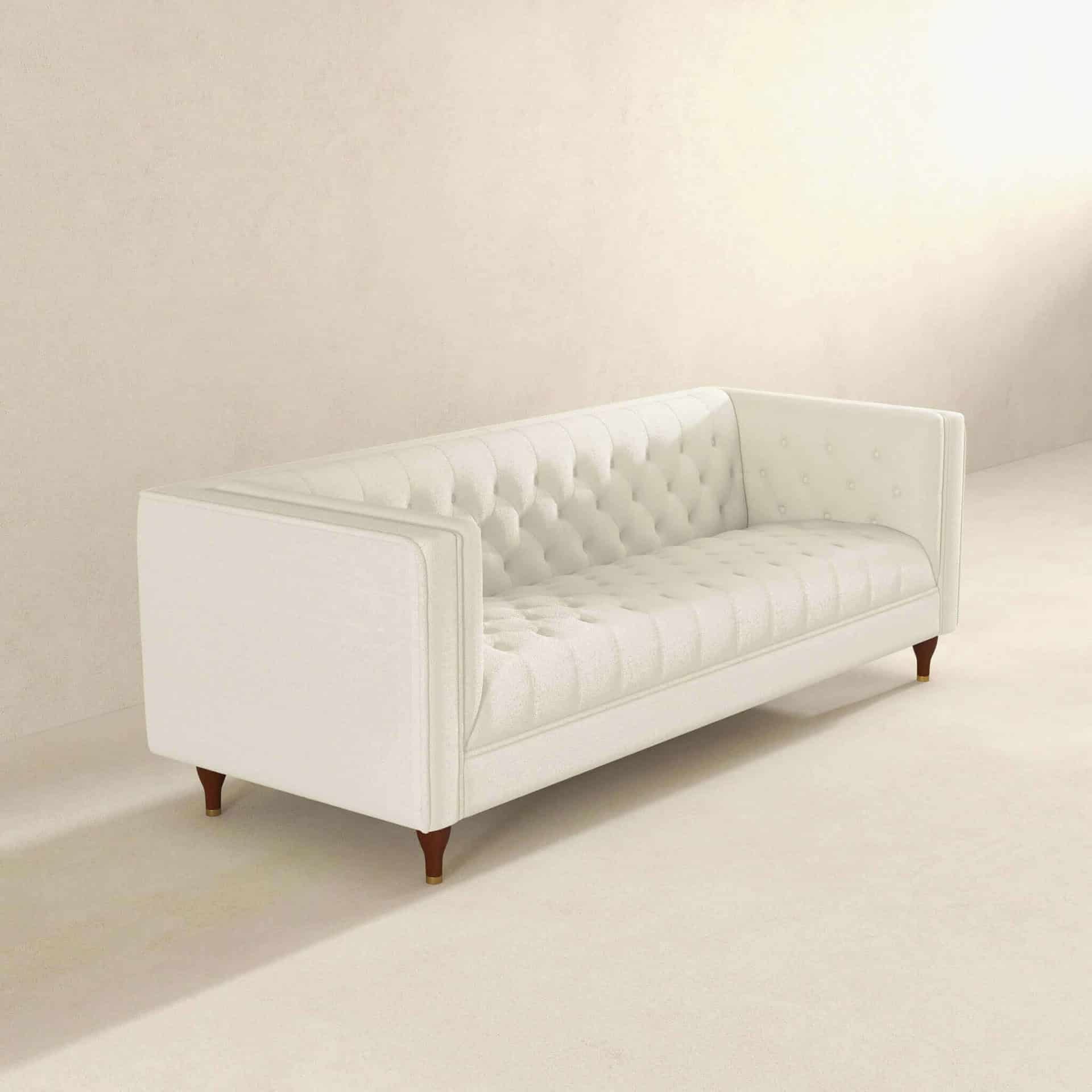 White Boucle Tufted Luxury Chesterfield Sofa with Solid Wood Legs
