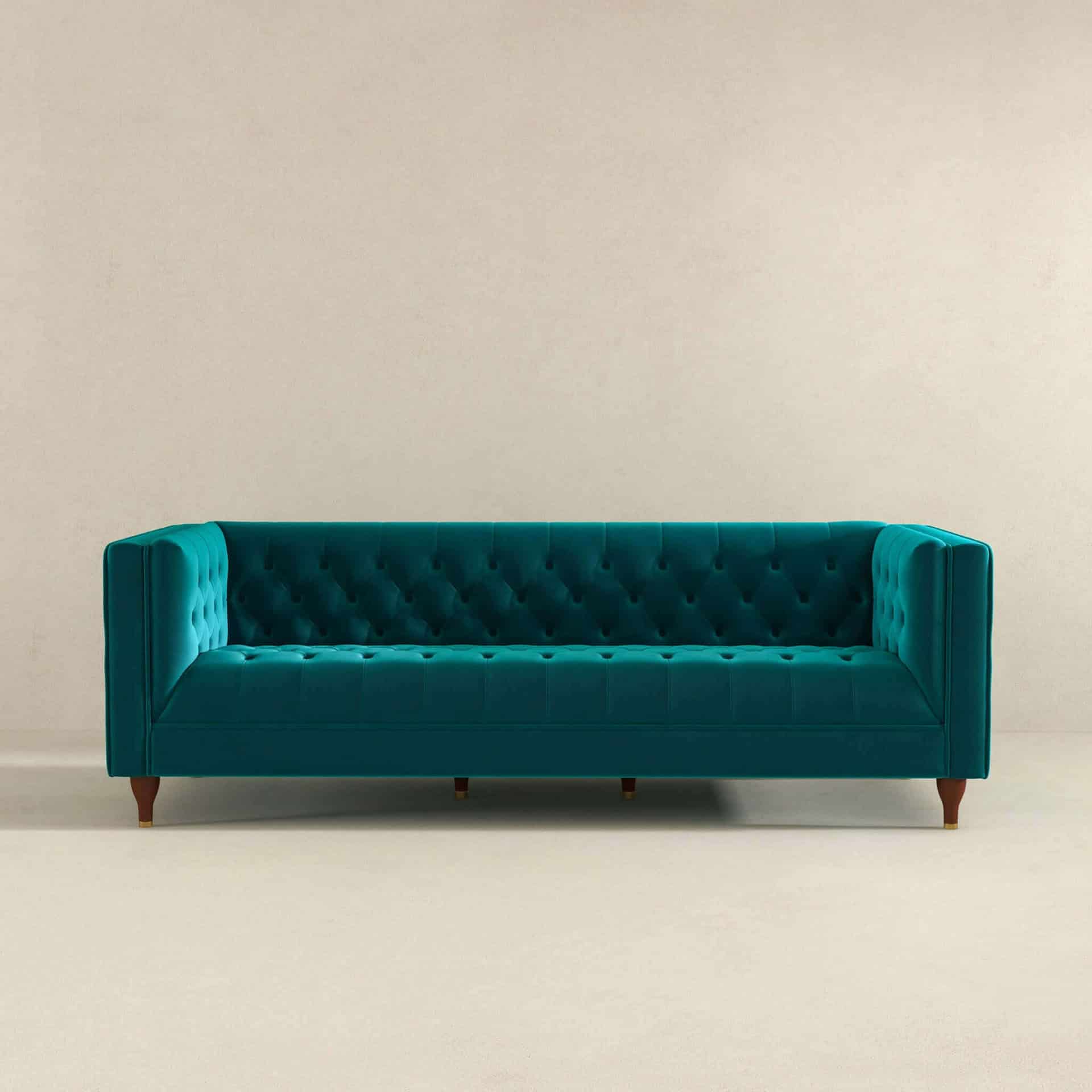 Teal Velvet Tufted Chesterfield Sofa with Solid Wood Legs