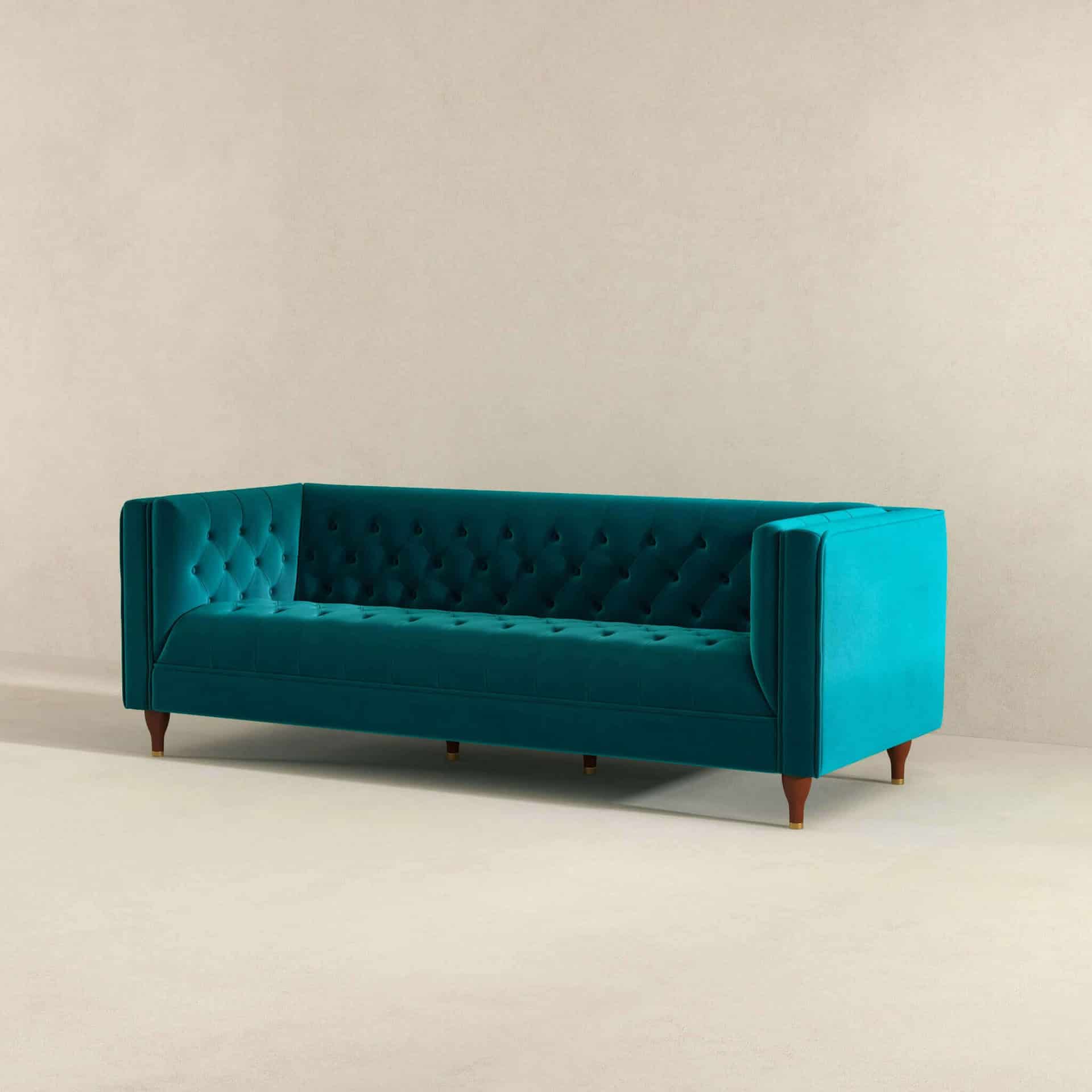 Teal Velvet Tufted Chesterfield Sofa with Solid Wood Legs