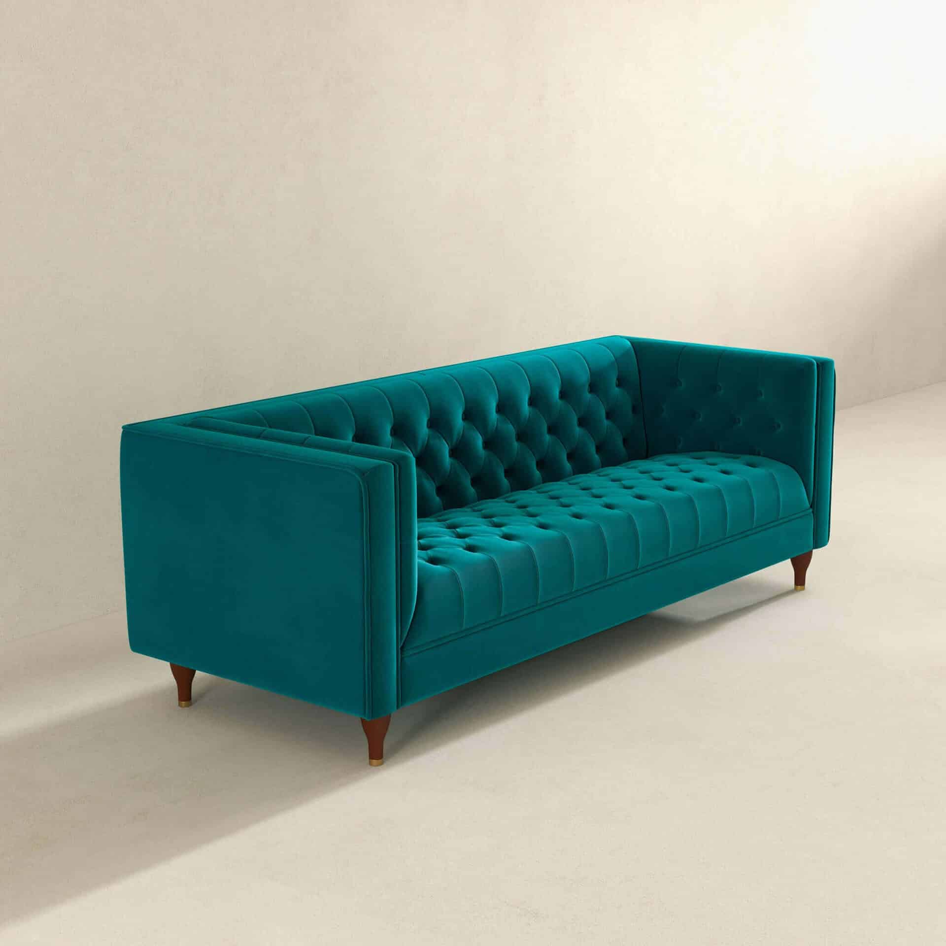 Teal Velvet Tufted Chesterfield Sofa with Solid Wood Legs