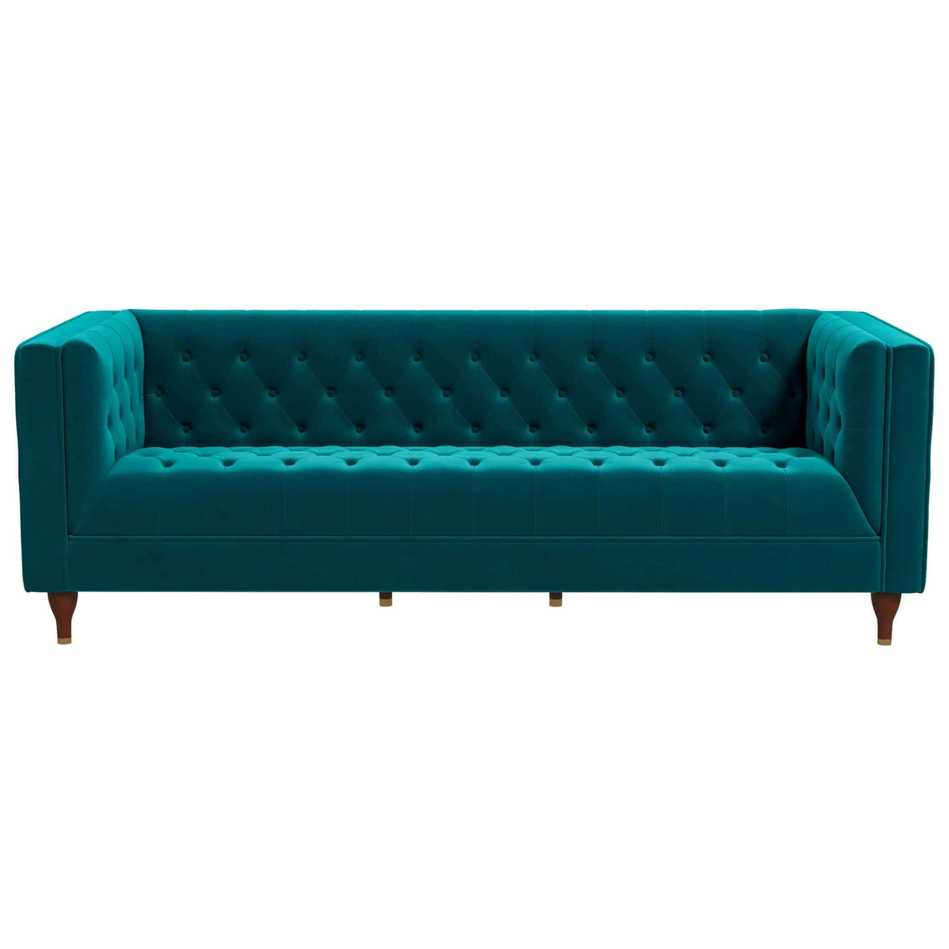 Teal Velvet Tufted Chesterfield Sofa with Solid Wood Legs