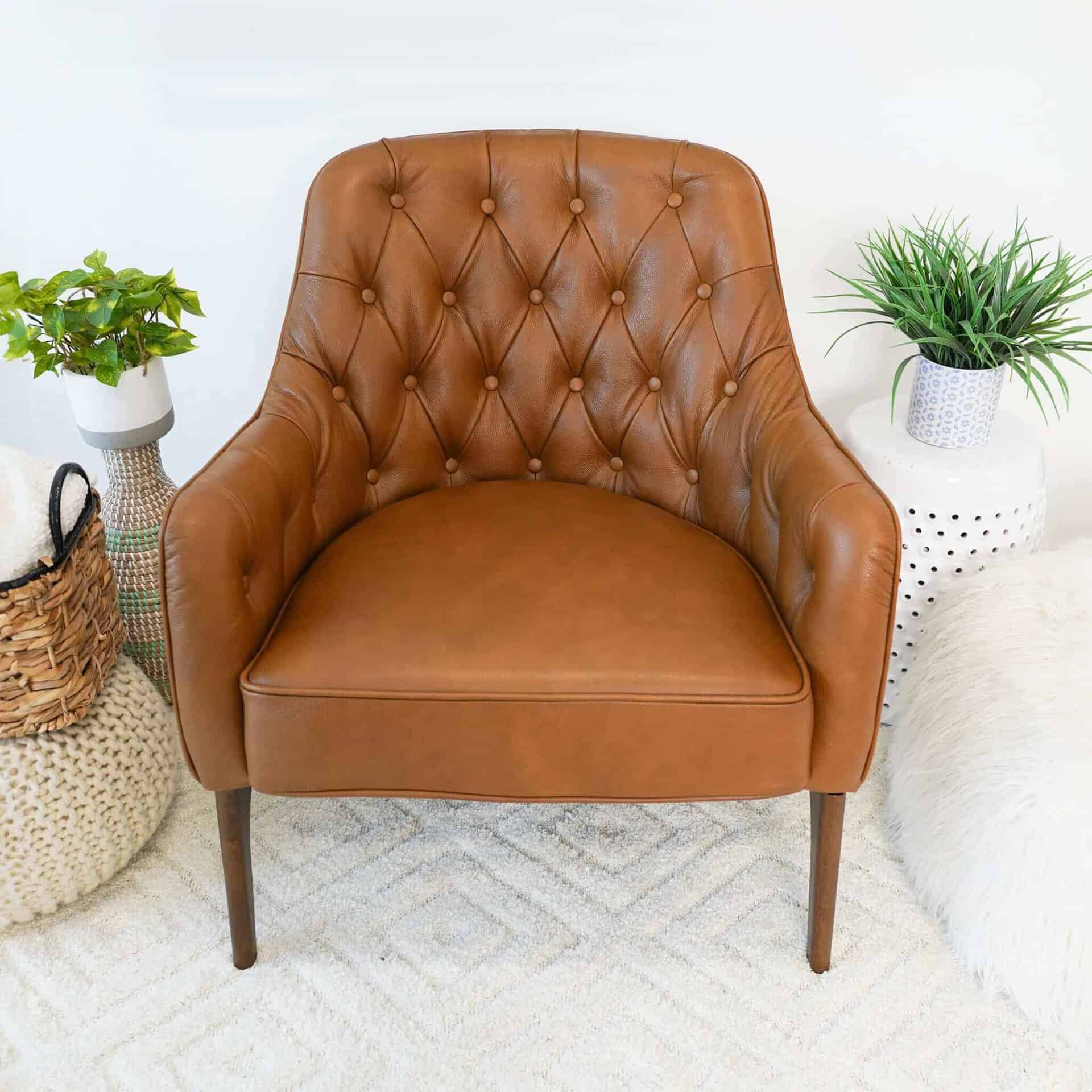 Tan Leather Mid-Century Modern Lounge Chair With Walnut Legs
