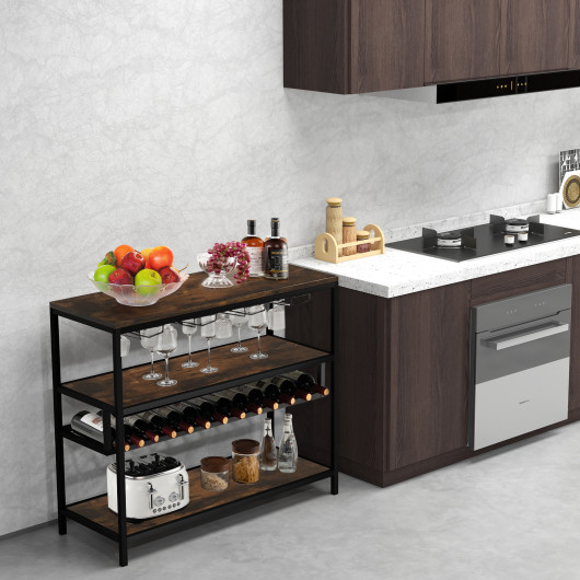 Industrial Wine Rack Table With Storage Shelves and Glass Holders
