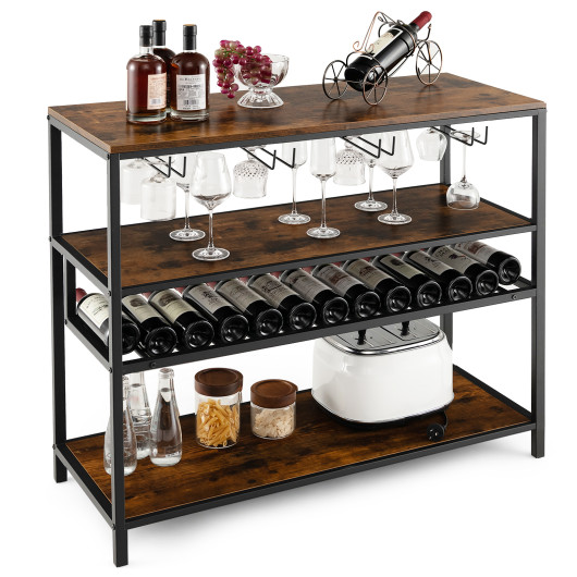 Industrial Wine Rack Table With Storage Shelves and Glass Holders