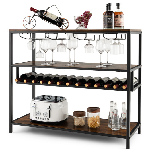 Industrial Wine Rack Table With Storage Shelves and Glass Holders
