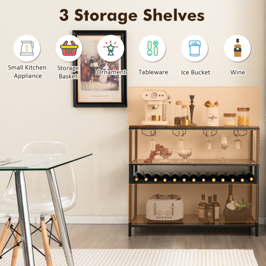 Industrial Wine Rack Table With Storage Shelves and Glass Holders
