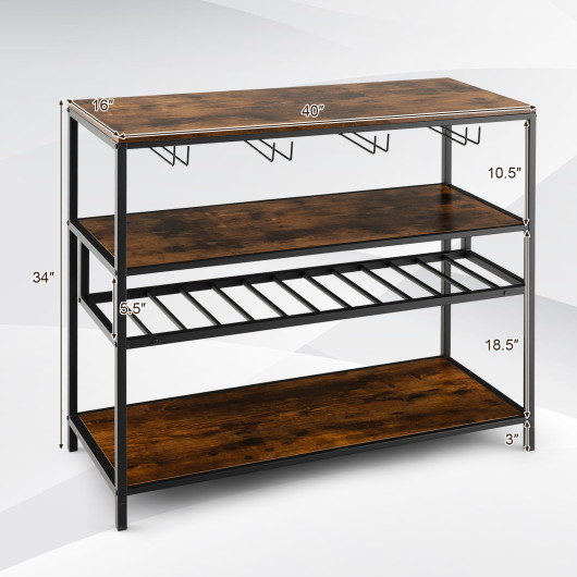Industrial Wine Rack Table With Storage Shelves and Glass Holders