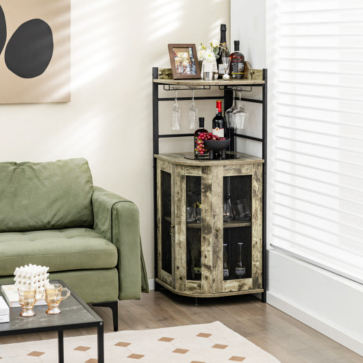 Industrial Corner Bar Cabinet with Adjustable Shelf and Glass Holder