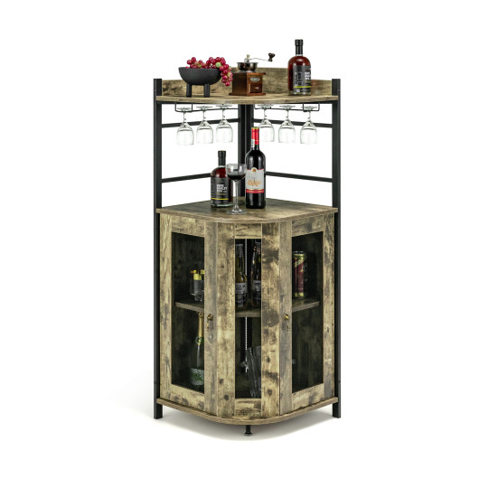 Industrial Corner Bar Cabinet with Adjustable Shelf and Glass Holder