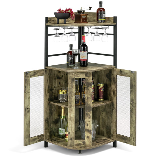Industrial Corner Bar Cabinet with Adjustable Shelf and Glass Holder