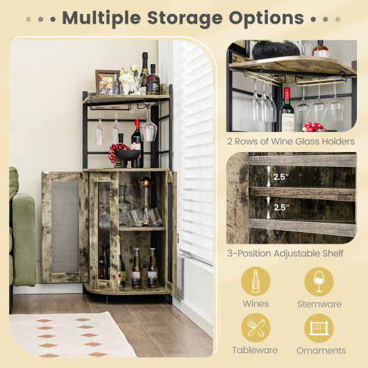Industrial Corner Bar Cabinet with Adjustable Shelf and Glass Holder