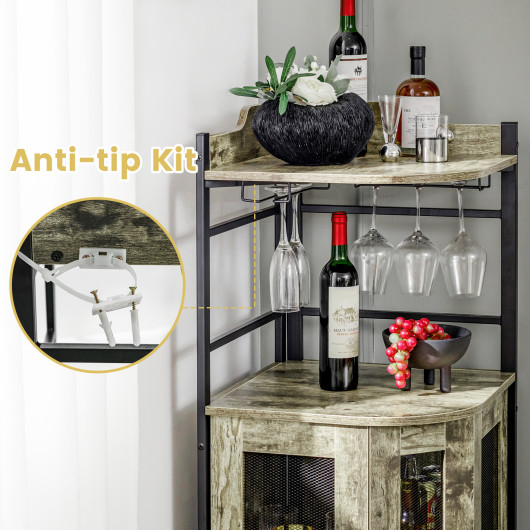 Industrial Corner Bar Cabinet with Adjustable Shelf and Glass Holder