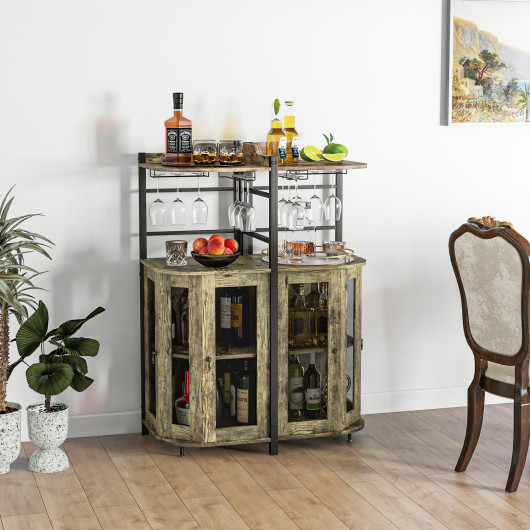 Industrial Corner Bar Cabinet with Adjustable Shelf and Glass Holder