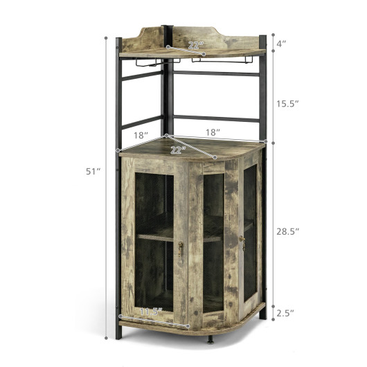 Industrial Corner Bar Cabinet with Adjustable Shelf and Glass Holder