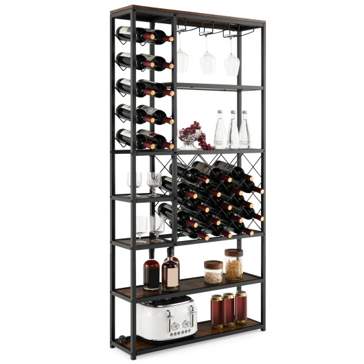 Industrial Wine Rack with Glass Holders and 6 Storage Shelves