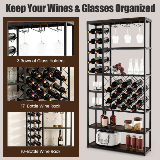 Industrial Wine Rack with Glass Holders and 6 Storage Shelves