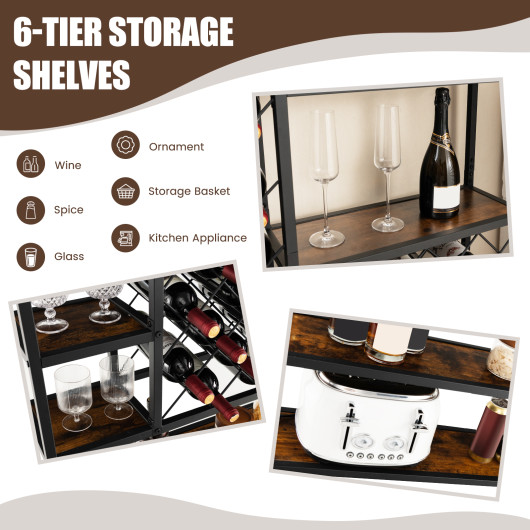 Industrial Wine Rack with Glass Holders and 6 Storage Shelves