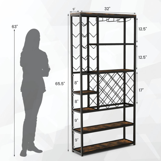 Industrial Wine Rack with Glass Holders and 6 Storage Shelves