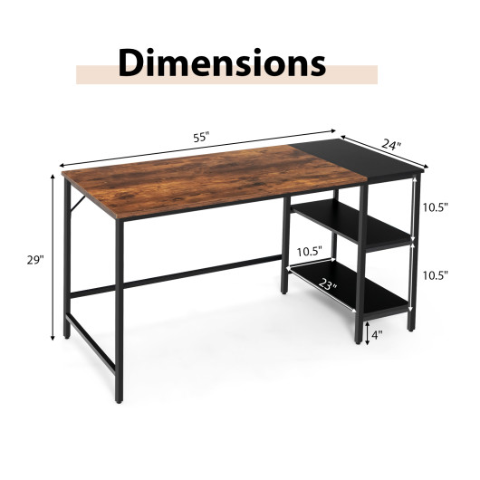 55 Inch Industrial Writing Desk with Storage Shelves and Tower Space