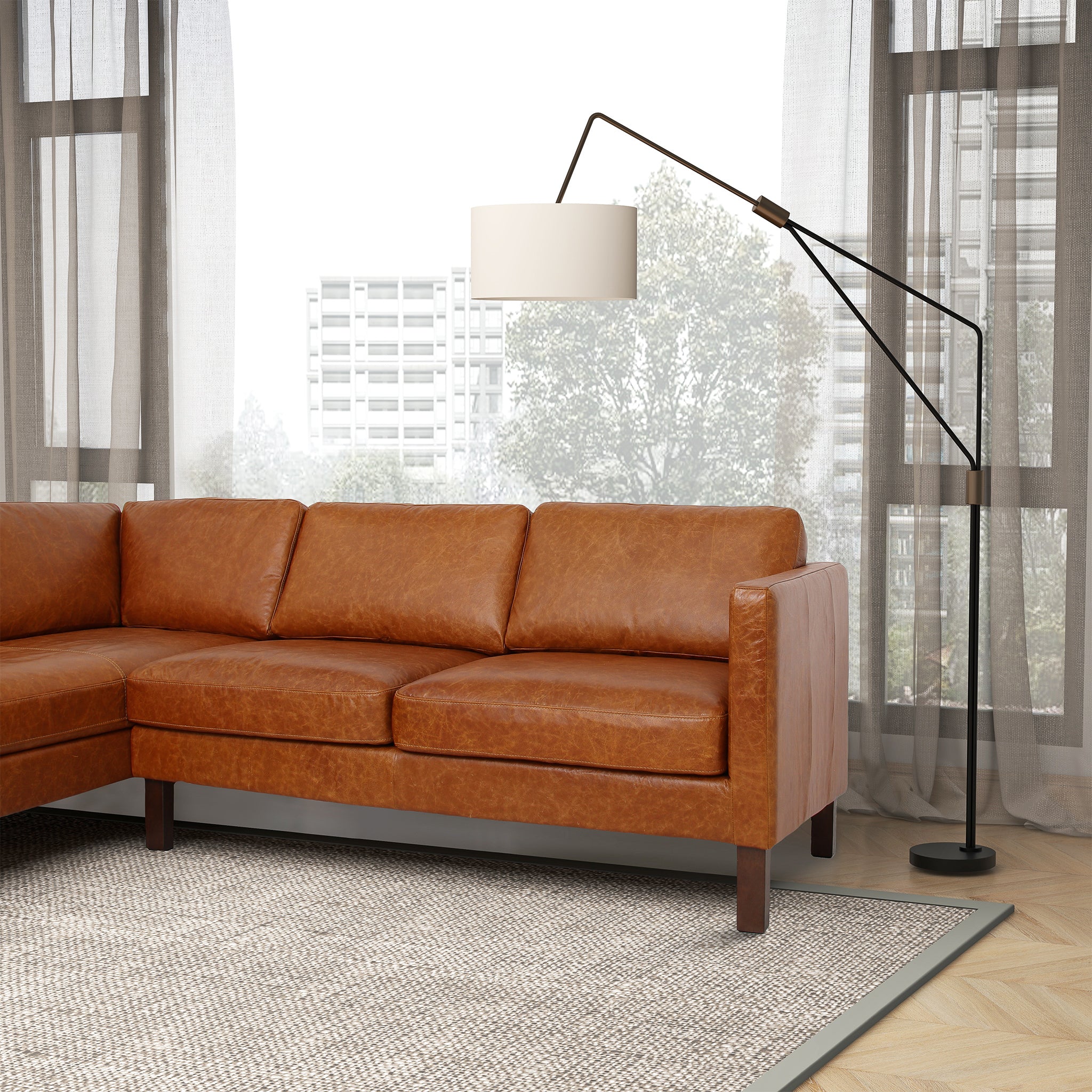 Cognac Leather Sectional Sofa with Deep Seat and High Legs