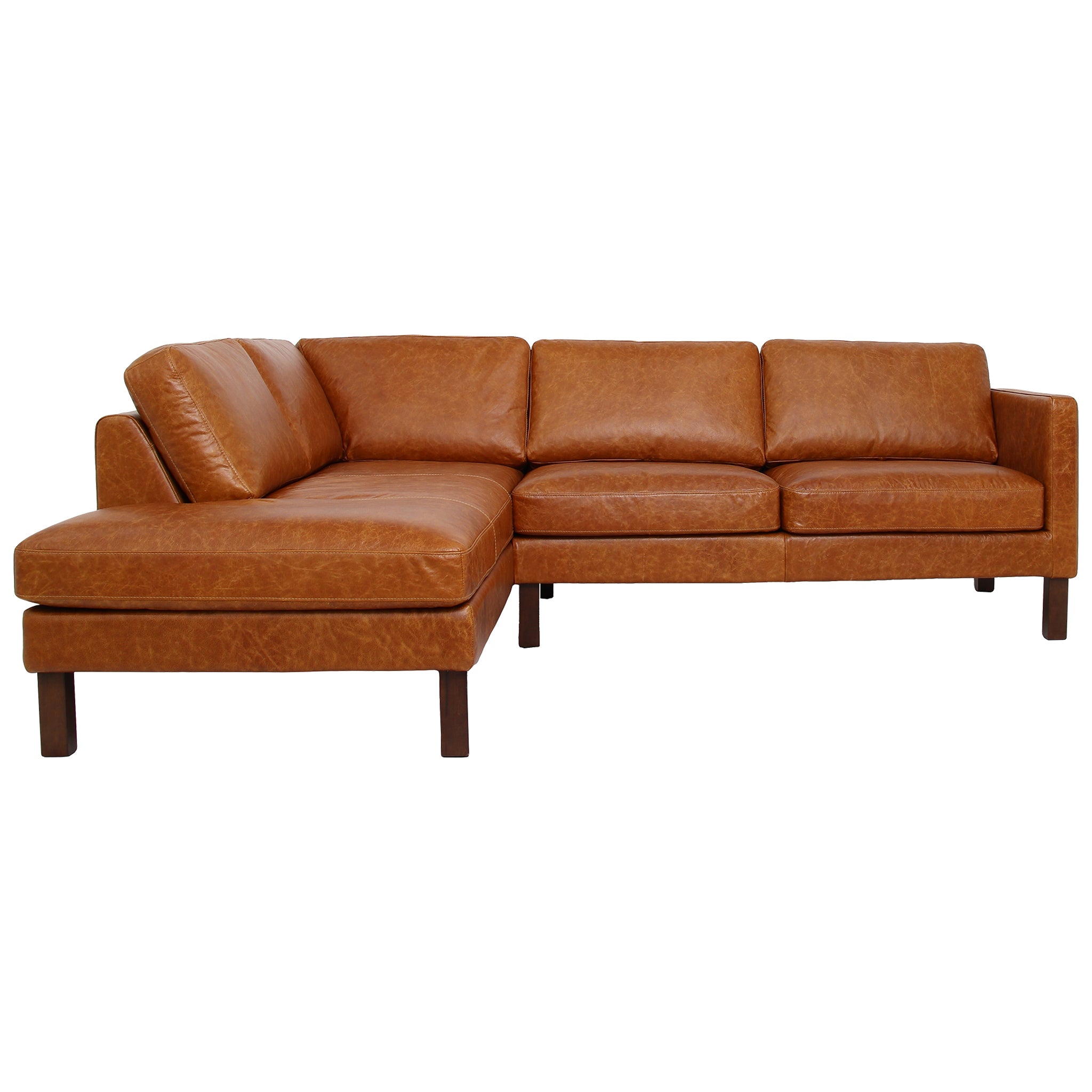 Cognac Leather Sectional Sofa with Deep Seat and High Legs