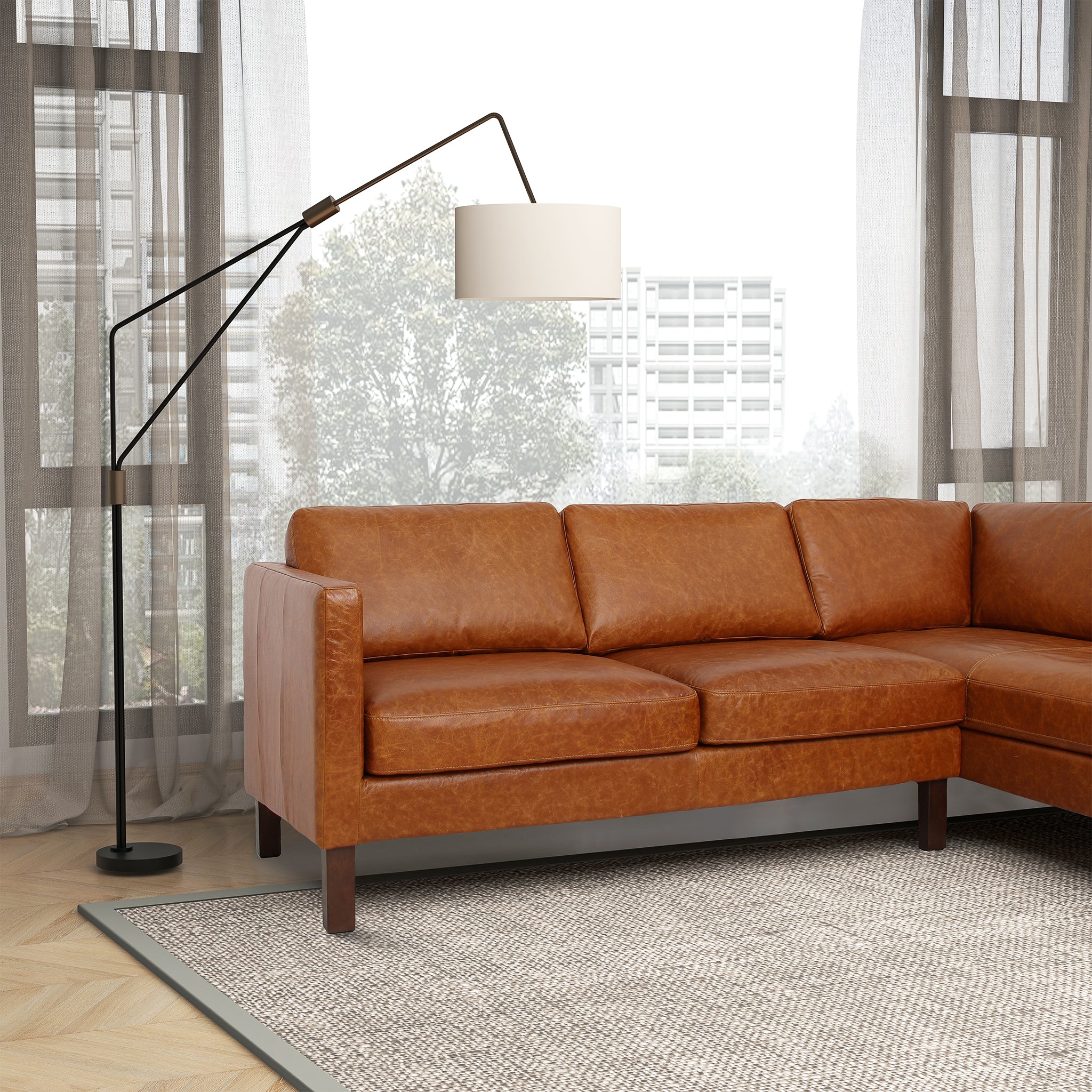 Cognac Leather Sectional Sofa with High-Leg Design and Comfort
