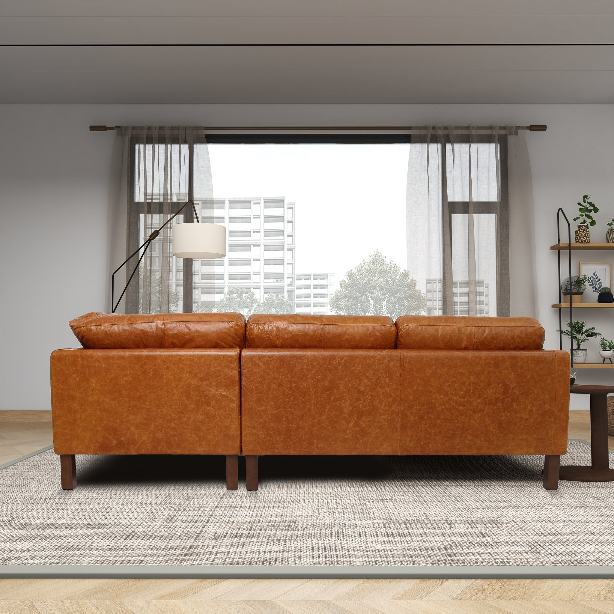Cognac Leather Sectional Sofa with High-Leg Design and Comfort