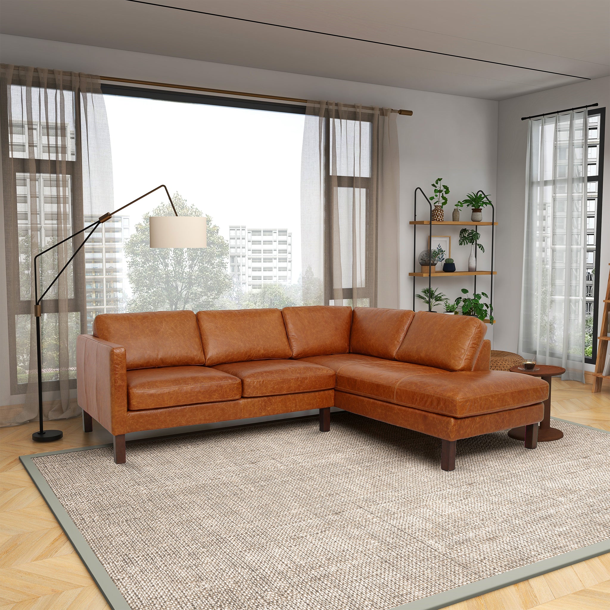 Cognac Leather Sectional Sofa with High-Leg Design and Comfort