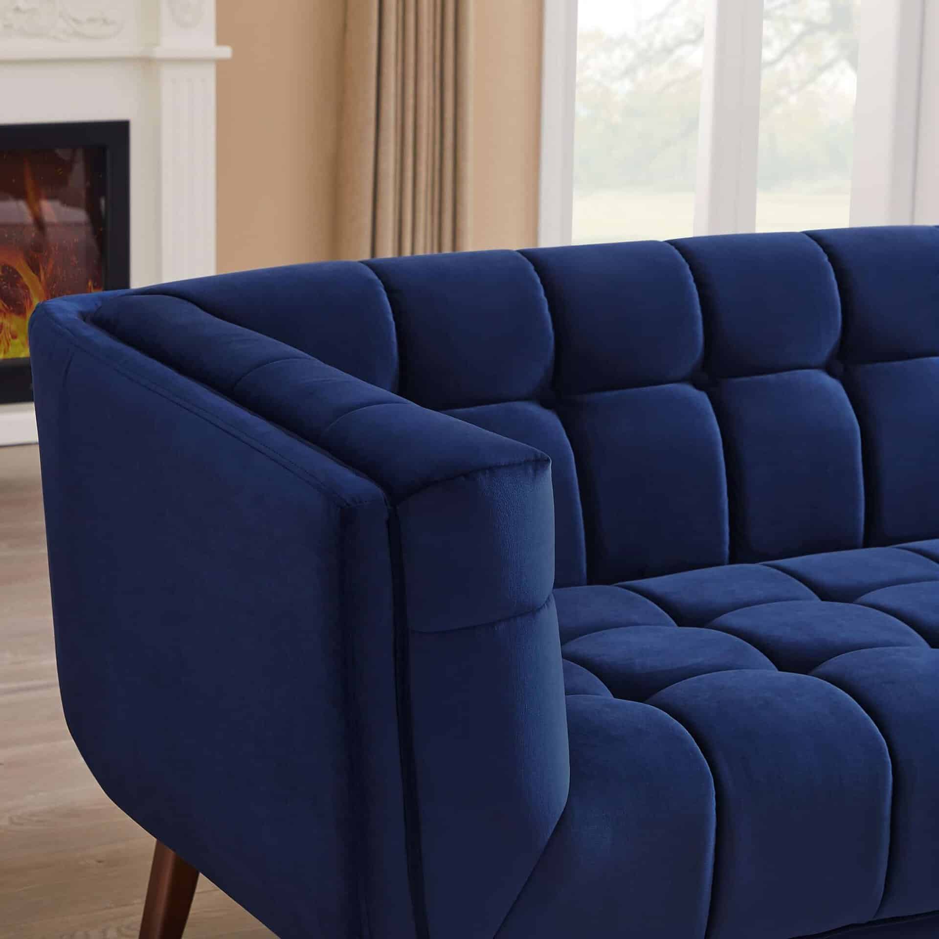 Blue Velvet Mid-Century Modern Sofa with Solid Wood Frame