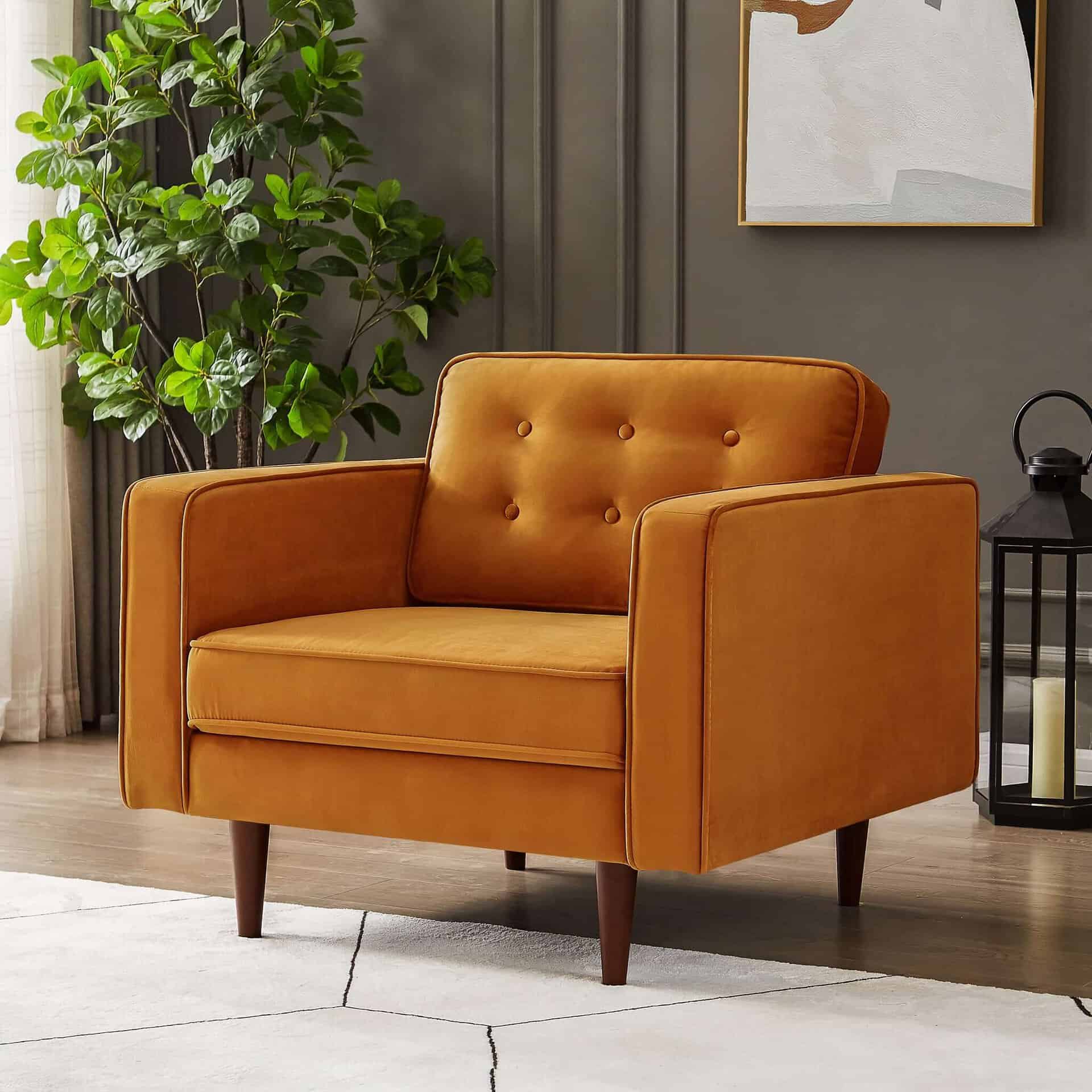 Burnt Orange Velvet Mid-Century Modern Lounge Chair with Walnut Legs
