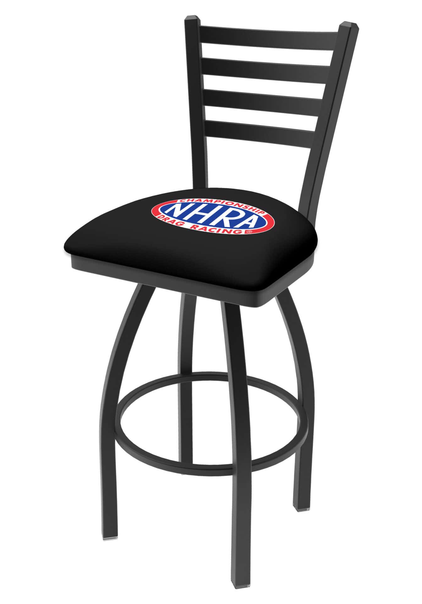 NHRA - Drag Racing 30-Inch Swivel Bar Stool w/ Black Wrinkle Finish, Ladder Back, 2.5-Inch Cushion Seat