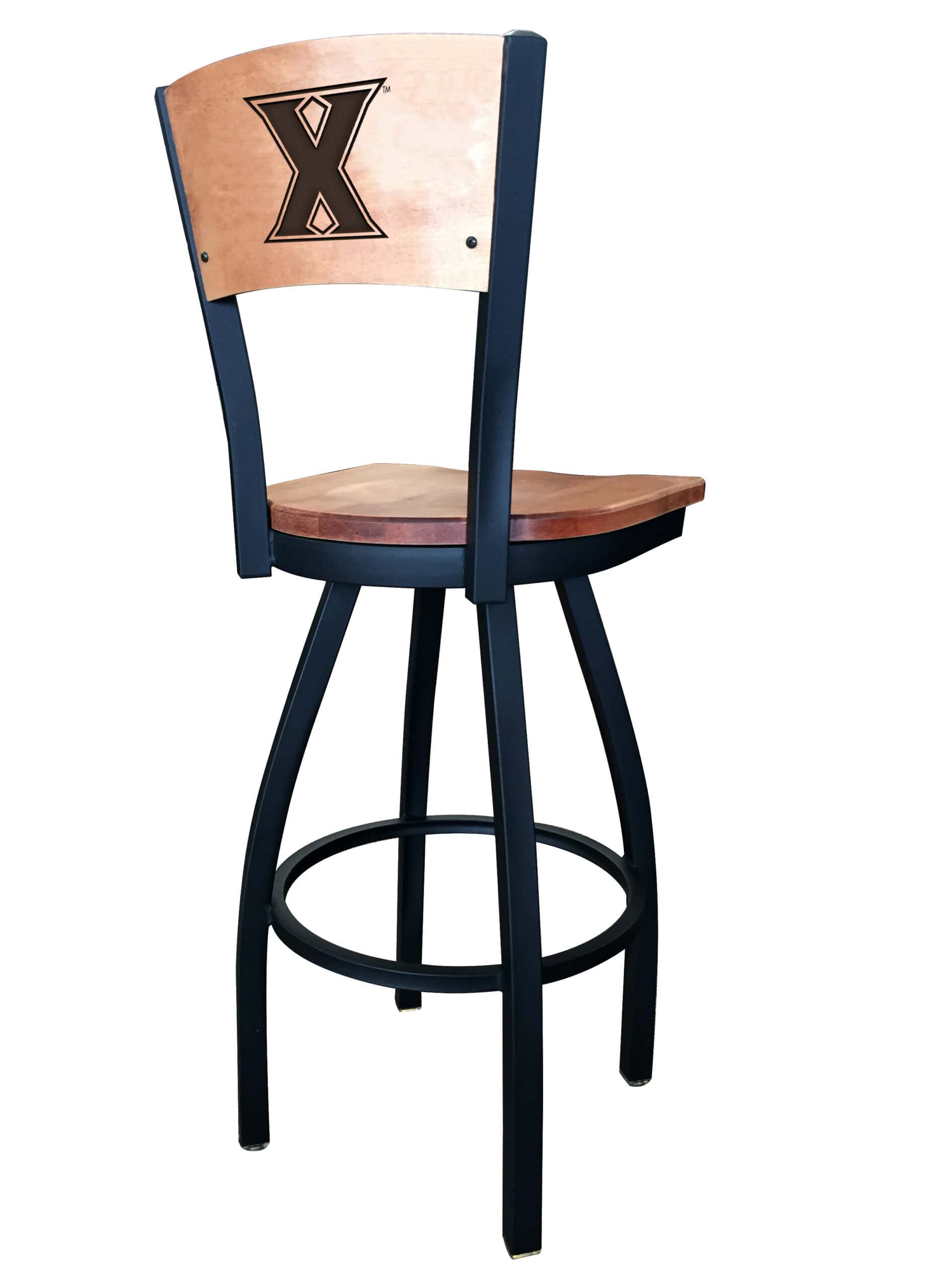 Xavier University 36-Inch Swivel Extra Tall Bar Stool w/ Black Wrinkle Finish, Solid Wood Back, Solid Maple Wood Seat