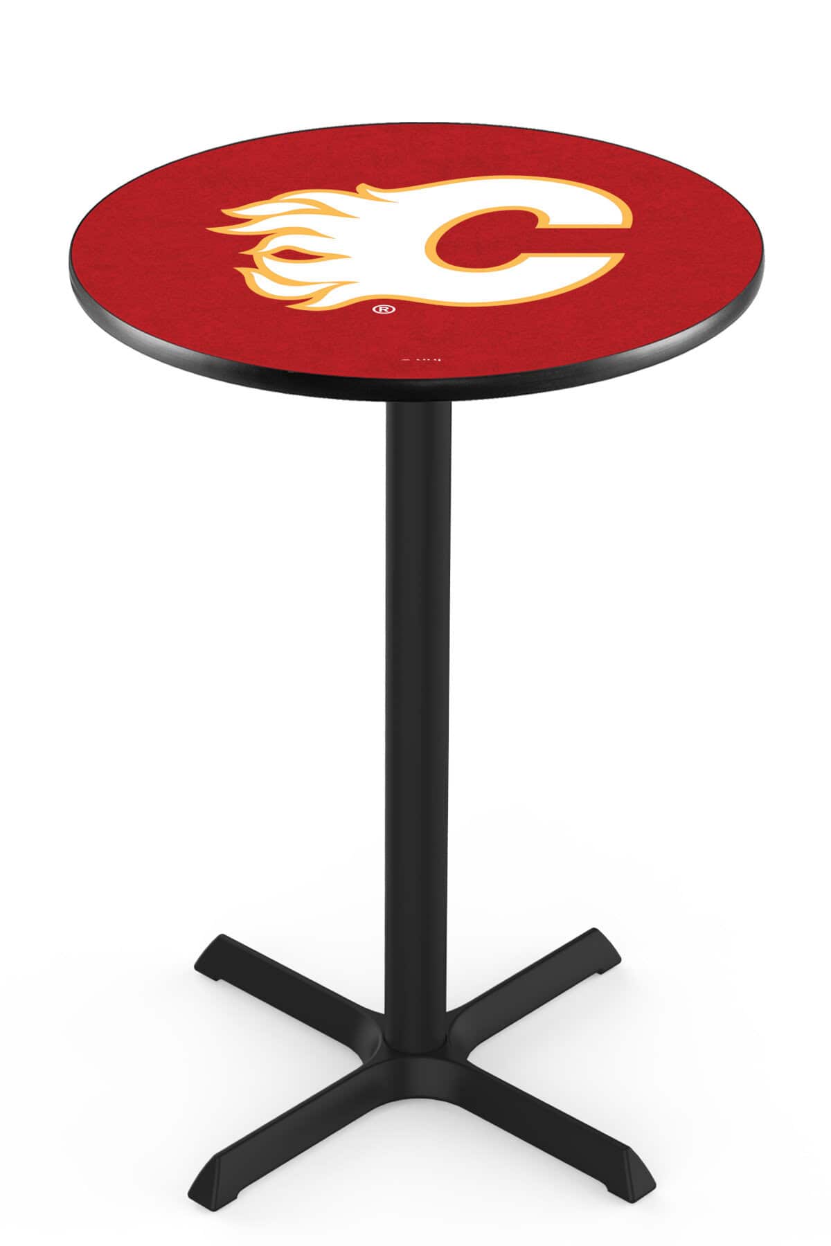 Calgary Flames 36-Inch Pub Table with 36-Inch Top, Cross Base Base, and Black Wrinkle Finish