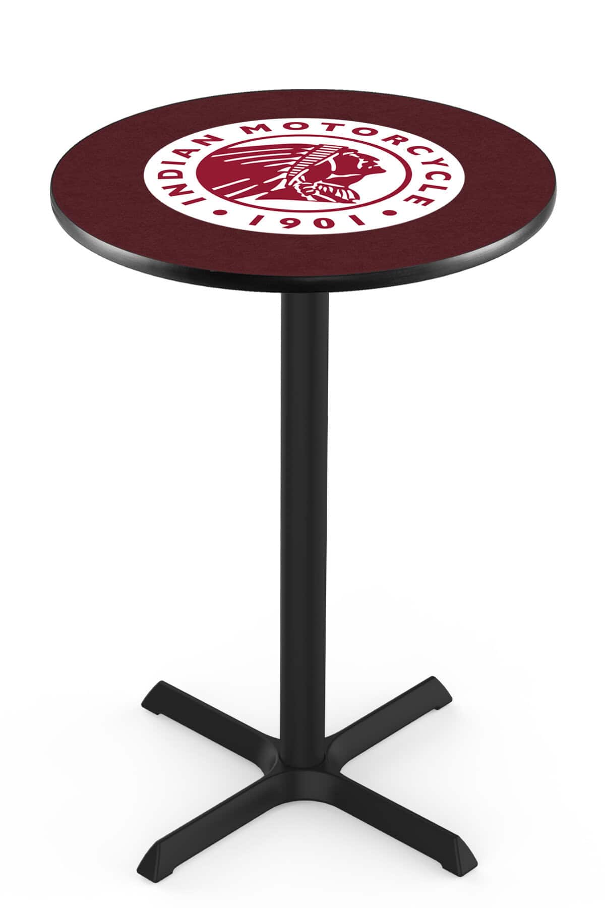 Indian Motorcycle 42-Inch Pub Table with 36-Inch Top, Cross Base Base, and Black Wrinkle Finish