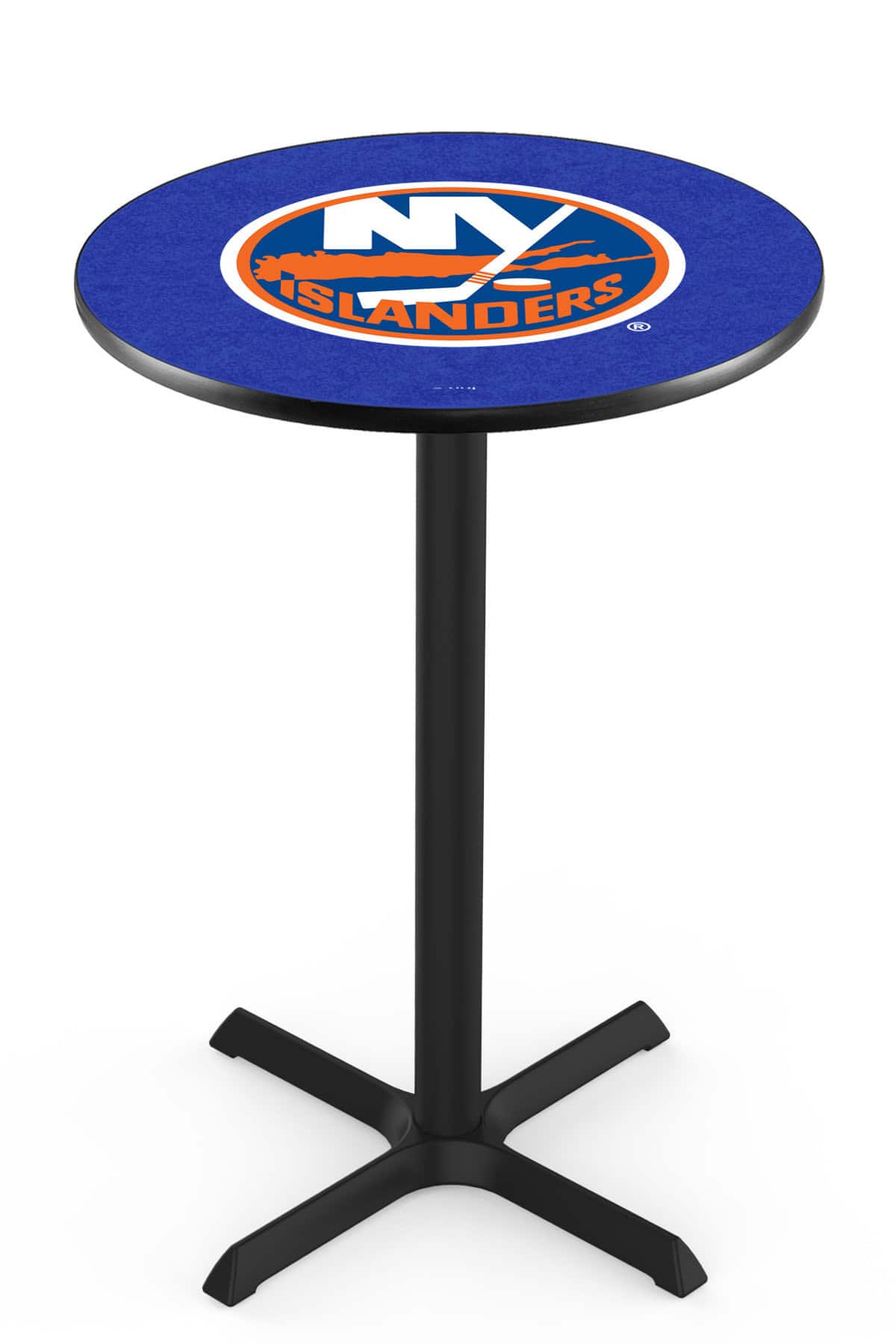 New York Islanders 36-Inch Pub Table with 36-Inch Top, Cross Base Base, and Black Wrinkle Finish