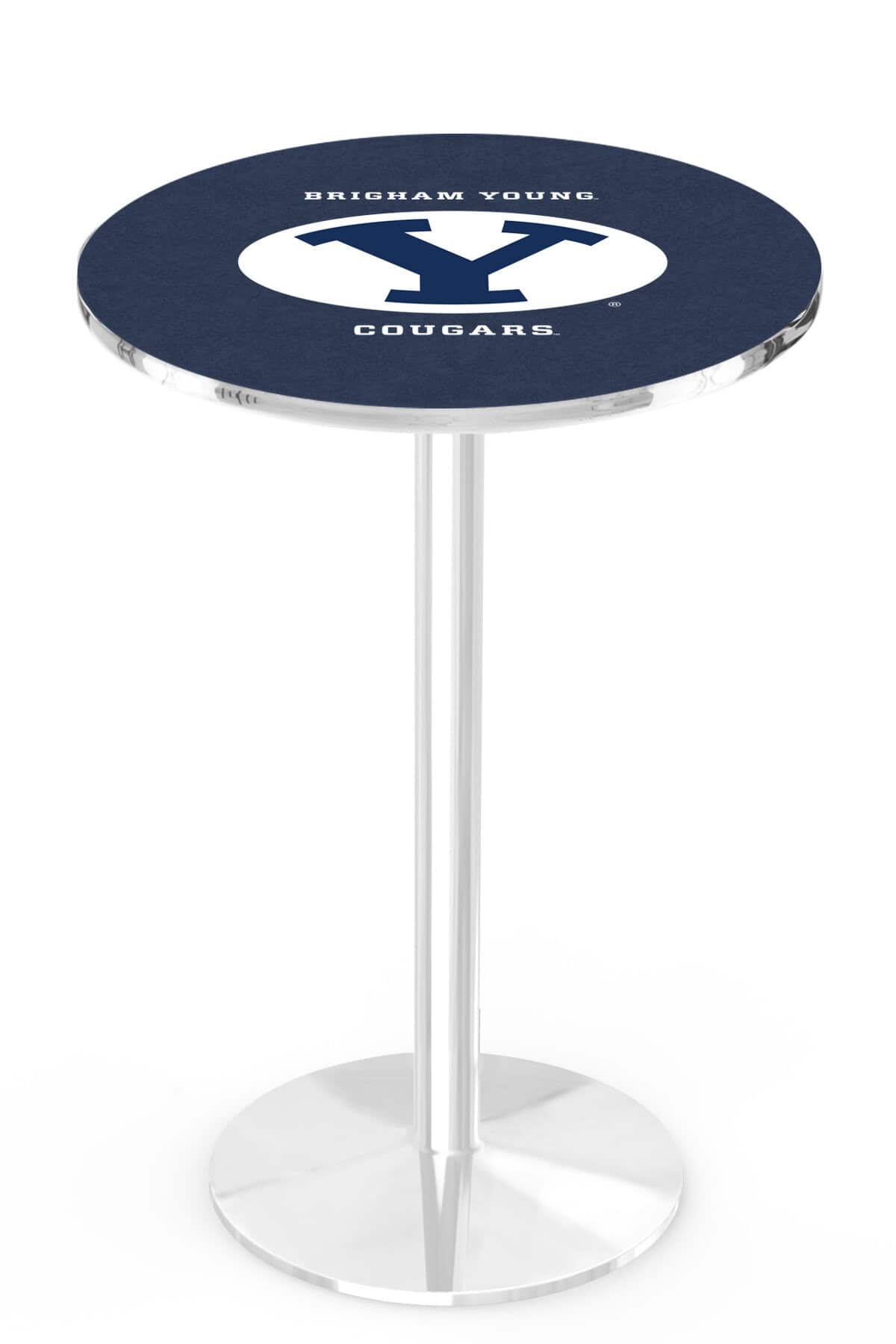 Brigham Young University 42-Inch Pub Table with 30-Inch Top, Round Base Base, and Chrome Finish