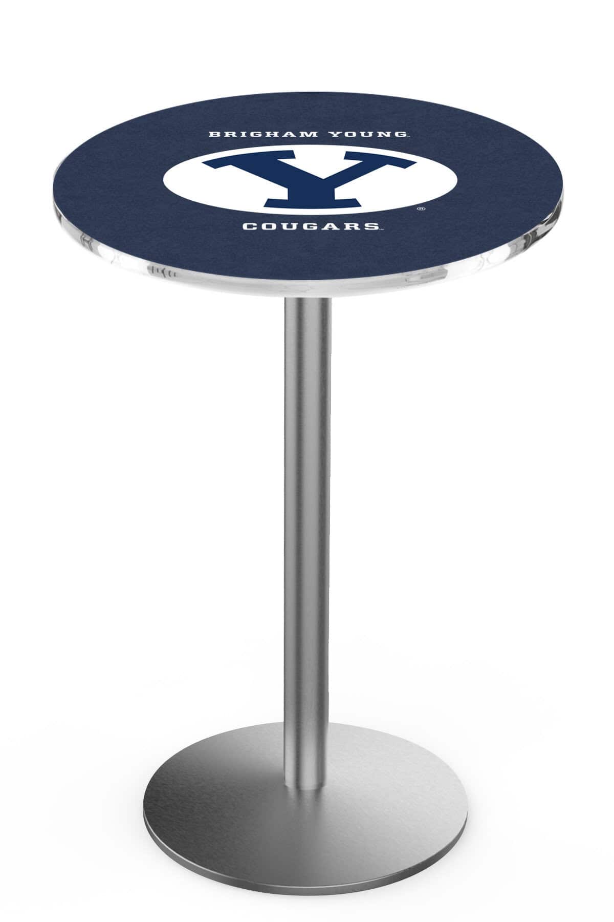 Brigham Young University 36-Inch Pub Table with 30-Inch Top, Round Base Base, and Stainless Finish