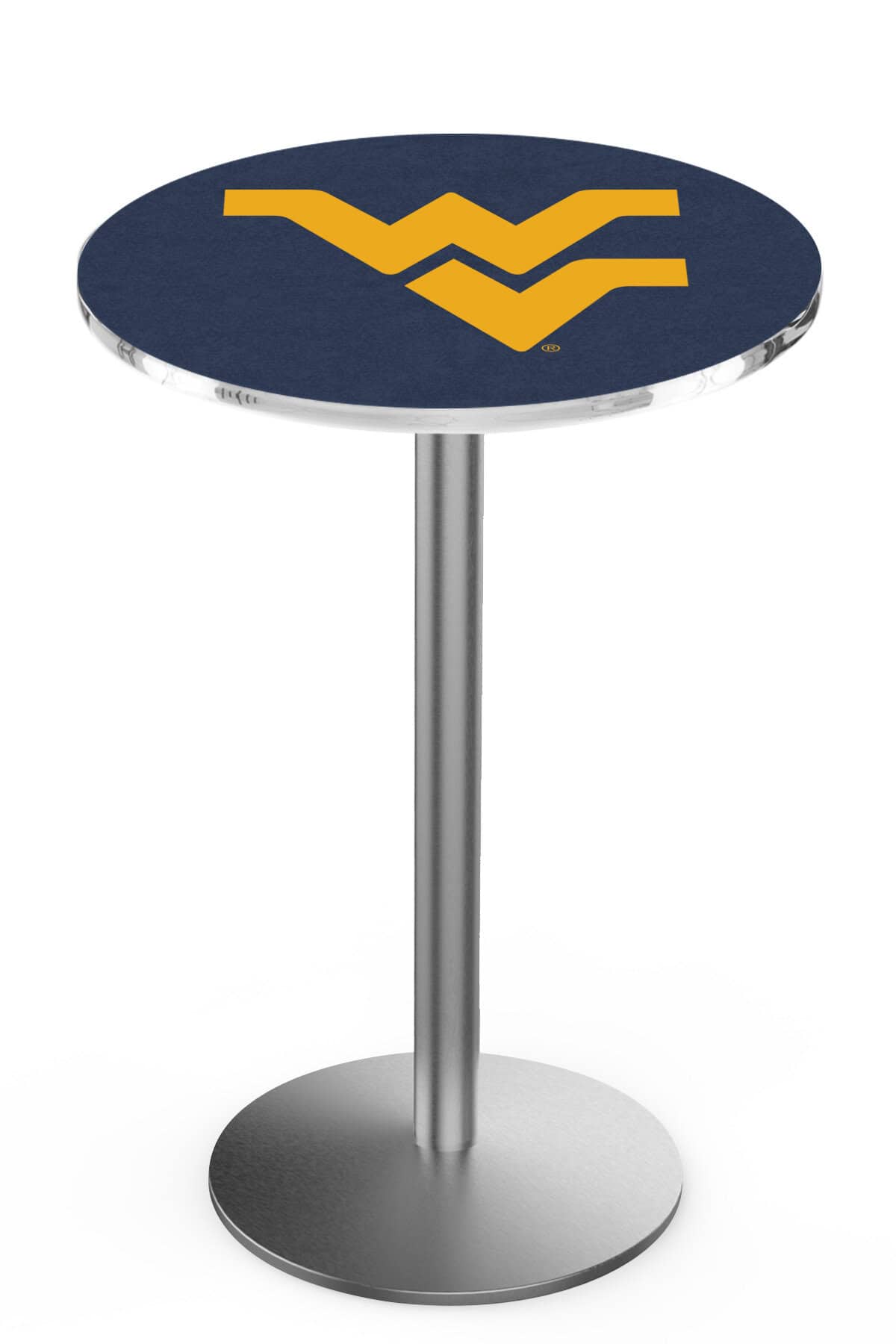 West Virginia University 42-Inch Pub Table with 36-Inch Top, Round Base Base, and Stainless Finish