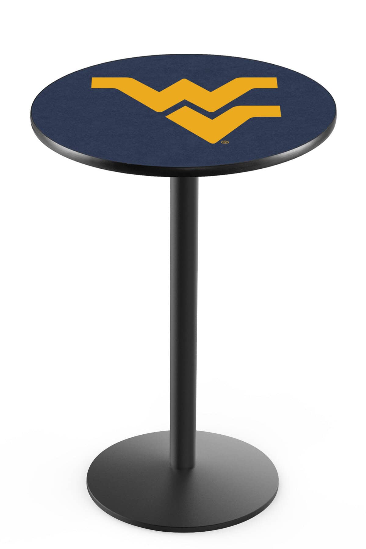 West Virginia University 42-Inch Pub Table with 30-Inch Top, Round Base Base, and Black Wrinkle Finish