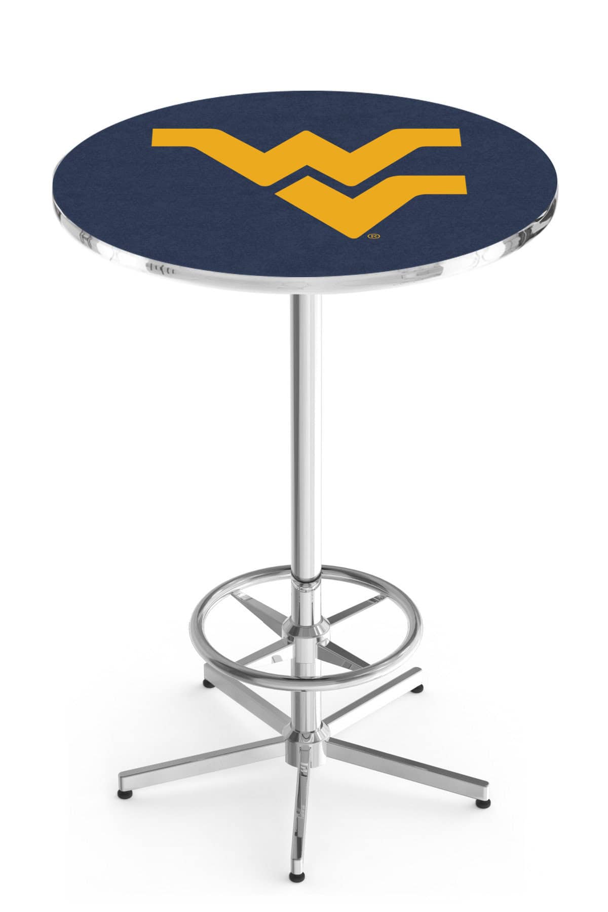 West Virginia University 42-Inch Pub Table with 36-Inch Top, Star Base Base, and Chrome Finish