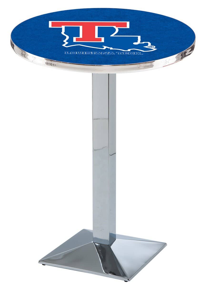 Louisiana Tech University 36-Inch Pub Table with 30-Inch Top, Square Base Base, and Chrome Finish