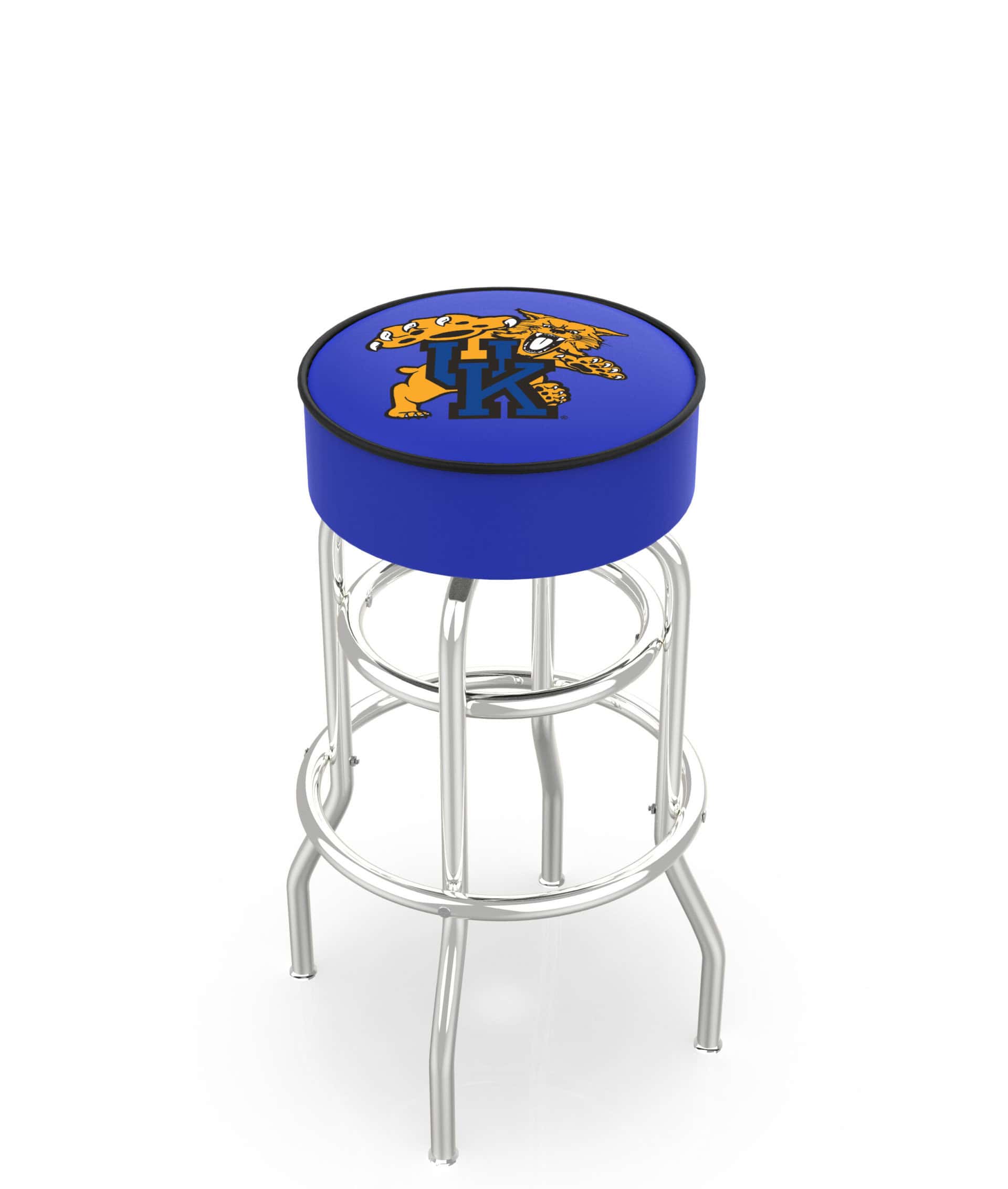 University of Kentucky 30-Inch Swivel Backless Bar Stool w/ Chrome Finish, Double-Ring Base, Cushion Seat (Wildcat Logo)