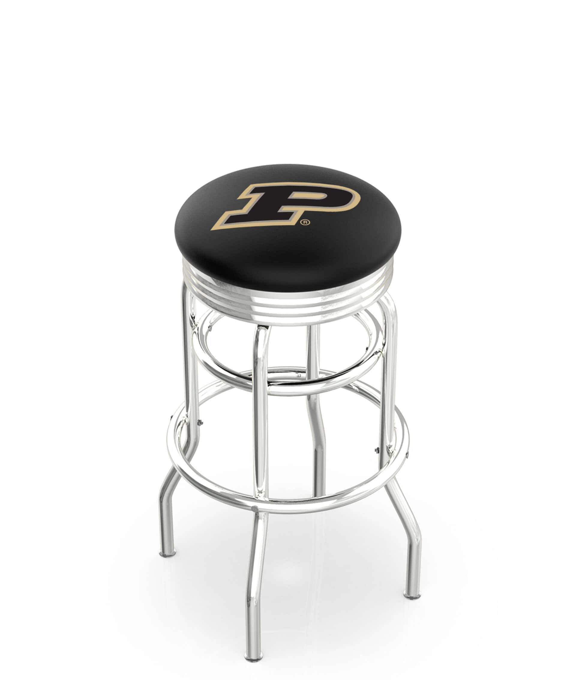 Purdue University 25-Inch Swivel Backless Counter Stool w/ Chrome Finish, Double-Ring Base, 2.75-Inch Chrome Ribbed Ring, 2.5-Inch Cushion Seat